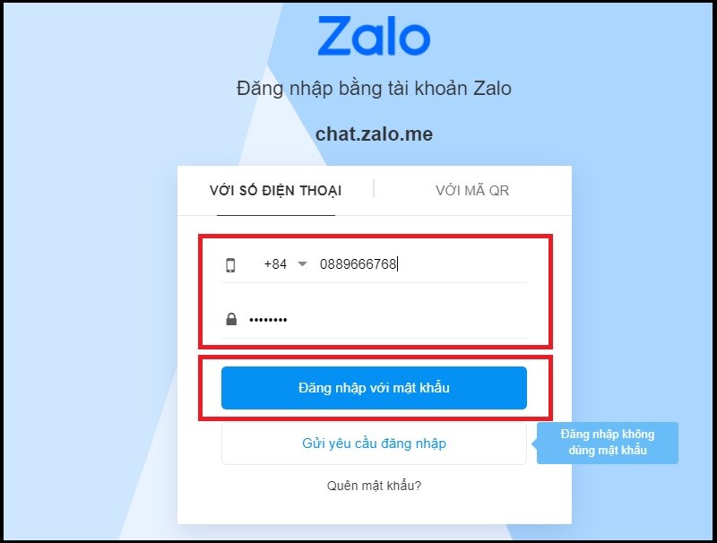 Điền thông tin đăng nhập trên Zalo web
