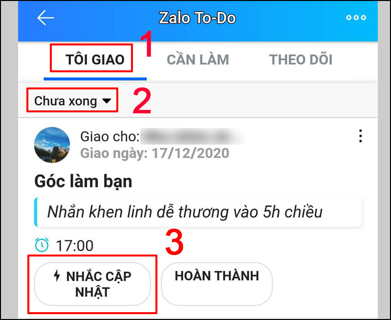 Các bước thực hiện giao việc bằng chức năng Zalo To-Do. 